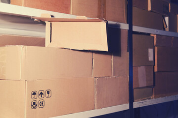 Warehouse with empty boxes. Theft at a postal warehouse