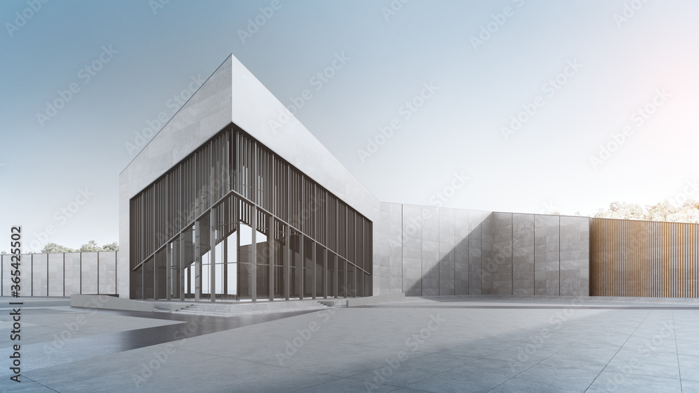 Wall mural Empty concrete floor and gray wall. 3d rendering of modern building with clear sky background.