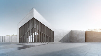 Fototapeta premium Empty concrete floor and gray wall. 3d rendering of modern building with clear sky background.