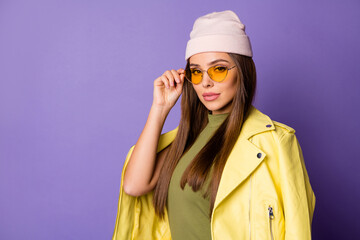 Close-up portrait of her she nice-looking attractive lovely fashionable pretty fascinating magnificent girl touching specs isolated over bright vivid shine vibrant lilac purple violet color background