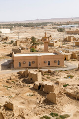 View of the small village Raghba with a mosque in the middle of the desert in Saudi Arabia