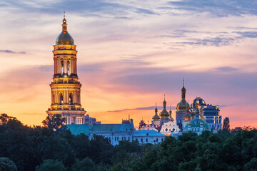 Kyiv Pechersk Lavra, historic Orthodox Christian monastery, at sunset in Kyiv, Ukraine
