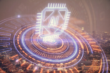Data theme hologram drawing on city view with skyscrapers background double exposure. Ai concept.