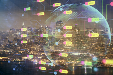 Data theme hologram drawing on city view with skyscrapers background multi exposure. Ai concept.