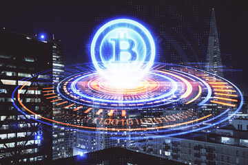 Multi exposure of cryptocurrency theme hologram drawing and city veiw background. Concept of...