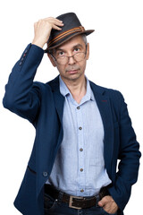 Man put his hand to his hat and looks at camera over his glasses. Declaring his openness to communication. Nice to meet you. Body language concept. Isolated white background