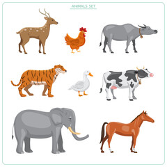Set of animals. deer, tiger, elephant, buffalo, cow, horse, chicken, duck flat vectors isolated on white background. illustrations premium vector