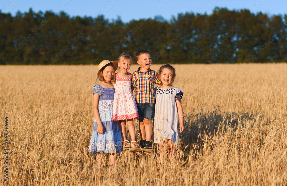 Sticker four kids having fun in field