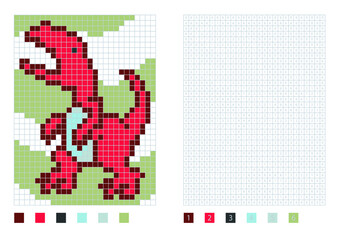 Pixel dinosaur cartoon in the coloring page with numbered squares. Tyrannosaur, vector illustration