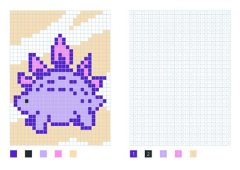 Pixel dinosaur cartoon in the coloring page with numbered squares. Stegosaurus, vector illustration