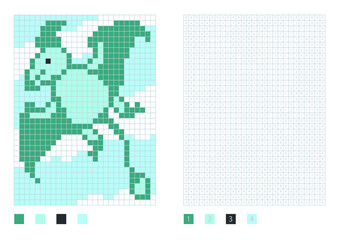 Obraz premium Pixel dinosaur cartoon in the coloring page with numbered squares. Pterosaur, vector illustration