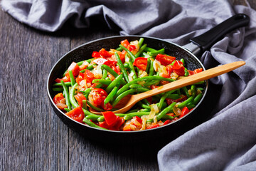 Skillet Fried green beans and veggies, top view