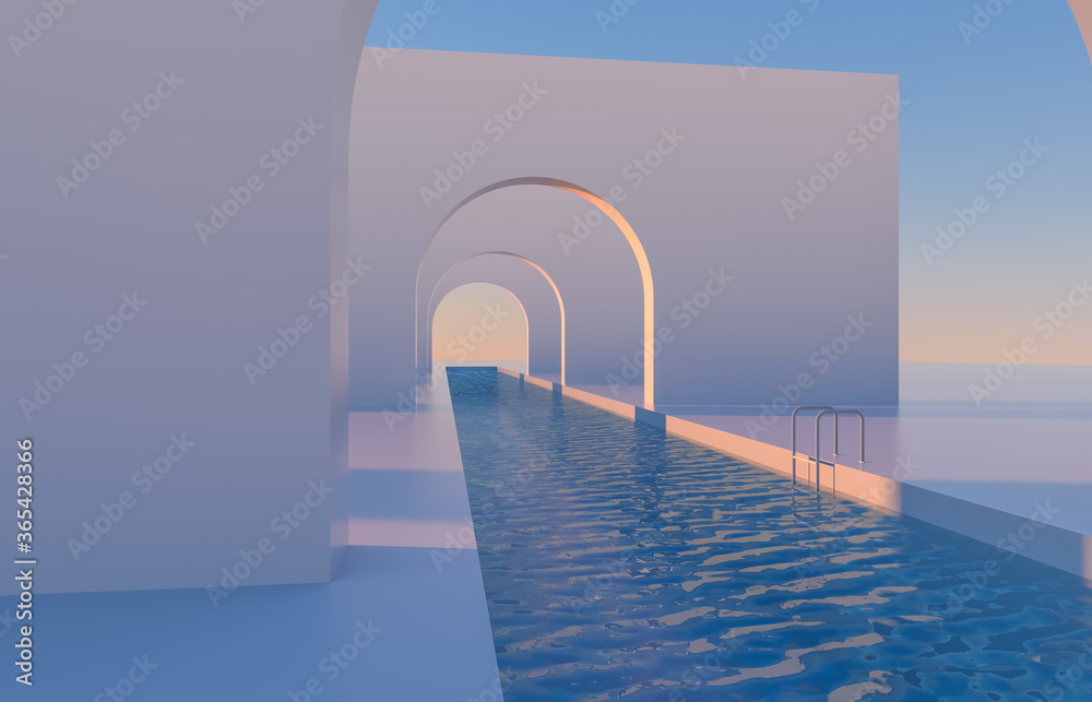 Leinwandbilder Abstract scene with geometrical forms, arch with swimming pool in natural day light. minimal 3d landscape background. 