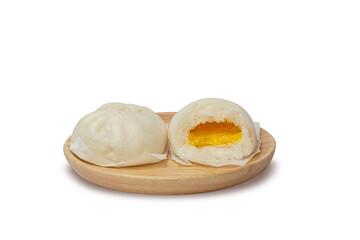 Fototapeta na wymiar Steamed Bun and Cream Bun on wooden plate with white background and clipping path