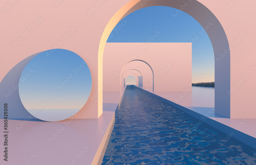 Poster abstract scene with geometrical forms, arch with swimming pool in natural day light. minimal 3d land