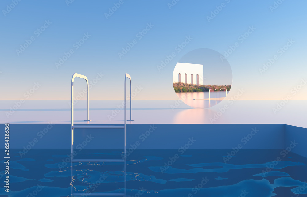 Poster abstract scene with geometrical forms, swimming pool in natural day light. minimal 3d landscape back