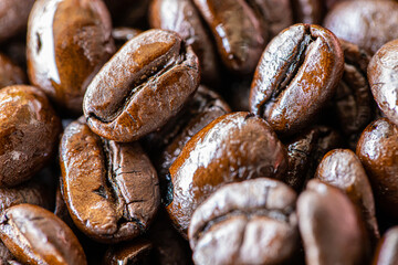 Close up coffee beans with blur foreground and background