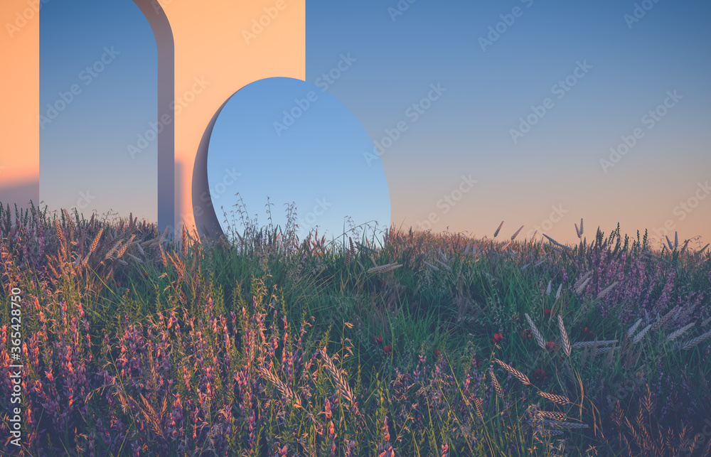 Poster scene with geometrical forms, arch with wild flower field in natural day light. minimal 3d landscape
