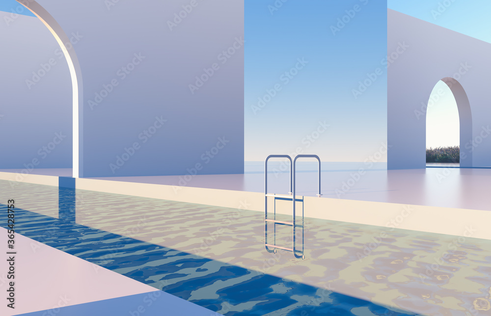 Poster Abstract scene with geometrical forms, arch with swimming pool in natural day light. minimal 3d landscape background. 