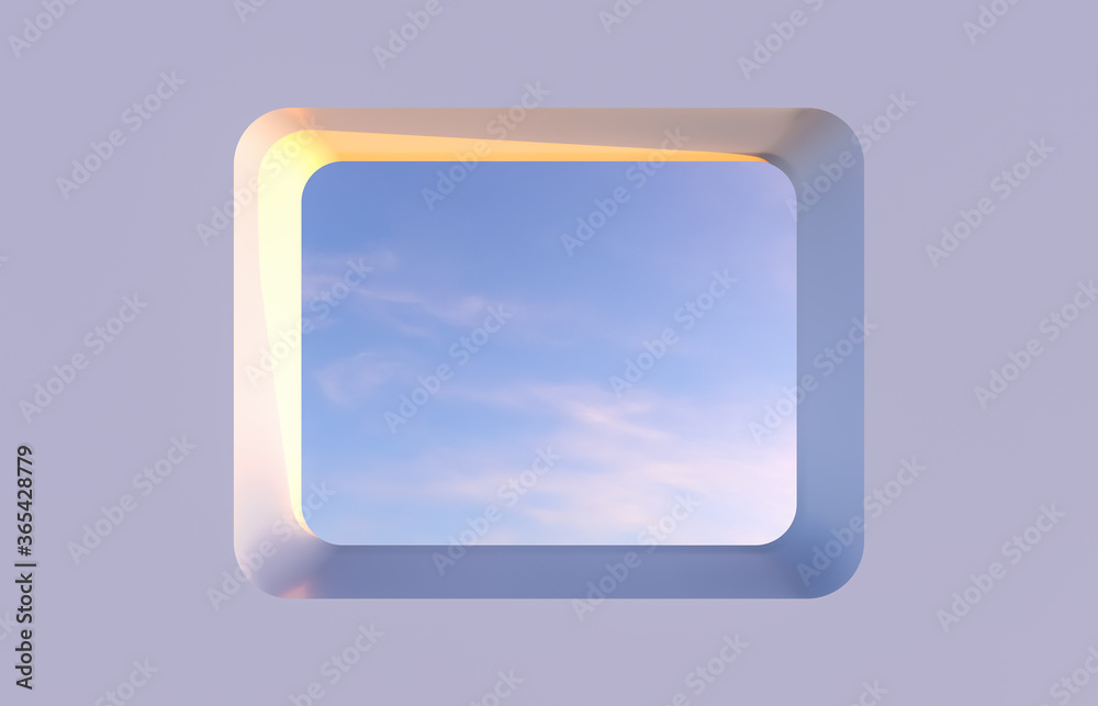 Poster winter scene with geometrical square frame. sky view. 3d render background.