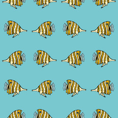 Seamless pattern with cute sea fish on blue background for fabric, textile, clothes, tablecloth and other things. Vector image.
