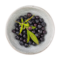 Bilberries, European blueberries in gray ceramic bowl isolated on white. Top view.