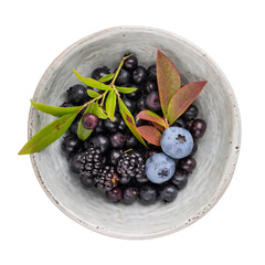 Bilberries and blueberries in gray ceramic bowl isolated on white. Top view.