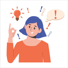Problem solving concept. Woman thinks and solves a problem. A luminous bulb as symbol of the appearance of a creative idea. Cartoon flat illustration isolated on white background.