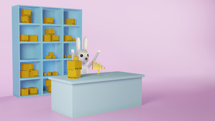 Fototapeta na wymiar Rabbit worker raise hands glad with profit of sales and sitting at desk in home office have postage box in cabinet as background with copy space. Business and finance online sale concept 3d rendering.