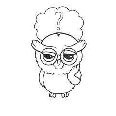 Cute cartoon owl with question mark in speech bubble isolated on white background. Thoughtful owlet. Vector illustration