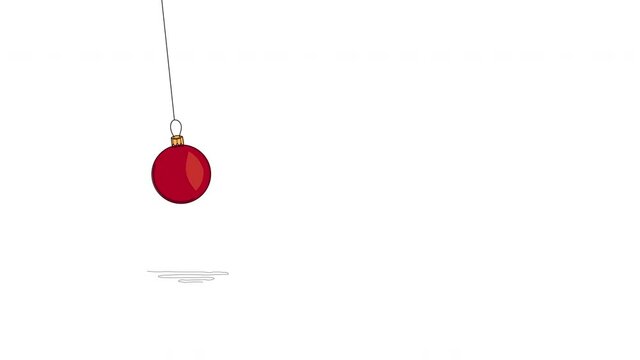 Swinging Christmas red ball on white background. Copy space. Concept of New Year holidays and Christmas time. 