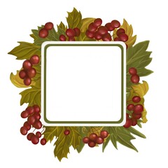 Viburnum plant square frame with hand painted twigs, red berries and leaves