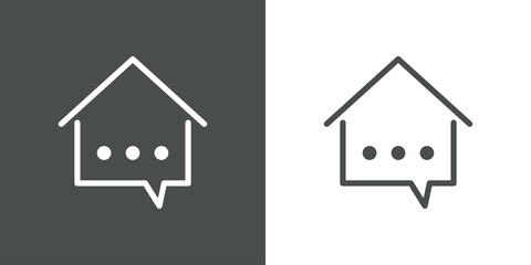 Concepto Real Estate. Logotipo lineal casa con globo de habla en fondo gris y fondo blanco © teracreonte
