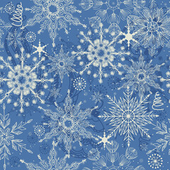 Merry Christmas, Happy New Year seamless pattern with snowflakes for greeting cards, wrapping paper. Doodles. Seamless winter pattern on blue background. Vector illustration.