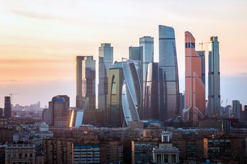 panoramic view of the Central and business part of Moscow from the height of flight in at sunset