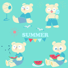 夏を満喫するシロクマ手描きイラスト