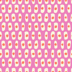 Hand-Drawn Geo Organic Cream Lines, Dots, Stripes Vector Seamless Pattern. Modern Colorful Pink Abstract Geometric Background. Whimsical Print with Uneven Shapes. Minimalist Mid-Century Print
