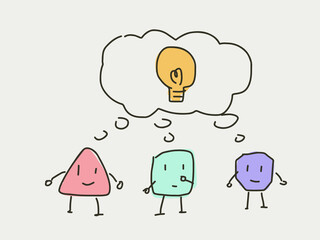 Group of cartoon character thinking about the same thing, creative ideas lightbulb.  Brainstorming and discussing concept in flat style. 3 cartoon character discuss about the same topic. Company offic