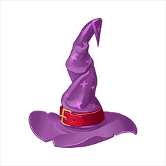 Purple wizard hat with shining stars and with a red belt on a white background. Isolated. Vector illustration