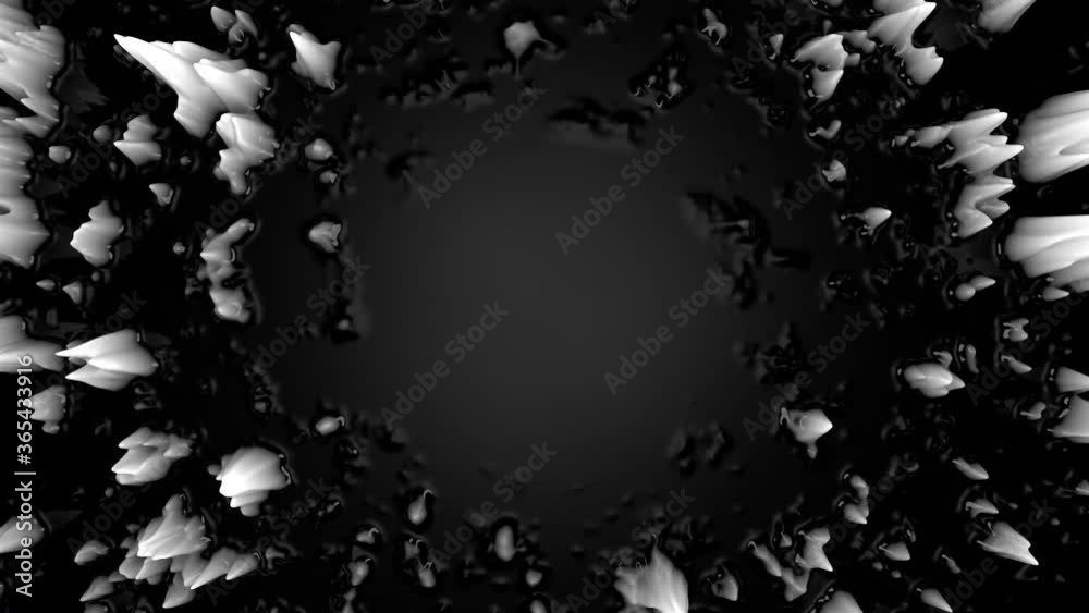 Poster Black and white abstract divergent circle of ferrofluid effect with copy space. Black animated background with white peaks. Top view black and white 3D animation. 4K seamless loop.