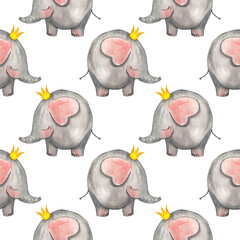 Cute little elephant in the crown. Seamless pattern isolated on white background. Hand-drawn children's illustration.