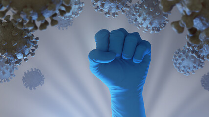 Medical glove. Fight against the virus, coronavirus, corona virus. 3d illustration.