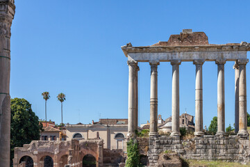 Fototapeta premium ROME, ITALY - 2014 AUGUST 18. Roman ruins with cityscape of Rome.