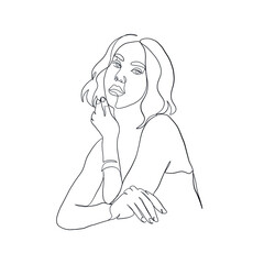 One line vector woman portrait. Linear female face. Single abstract silhouette in minimal style. Hand drawn art.