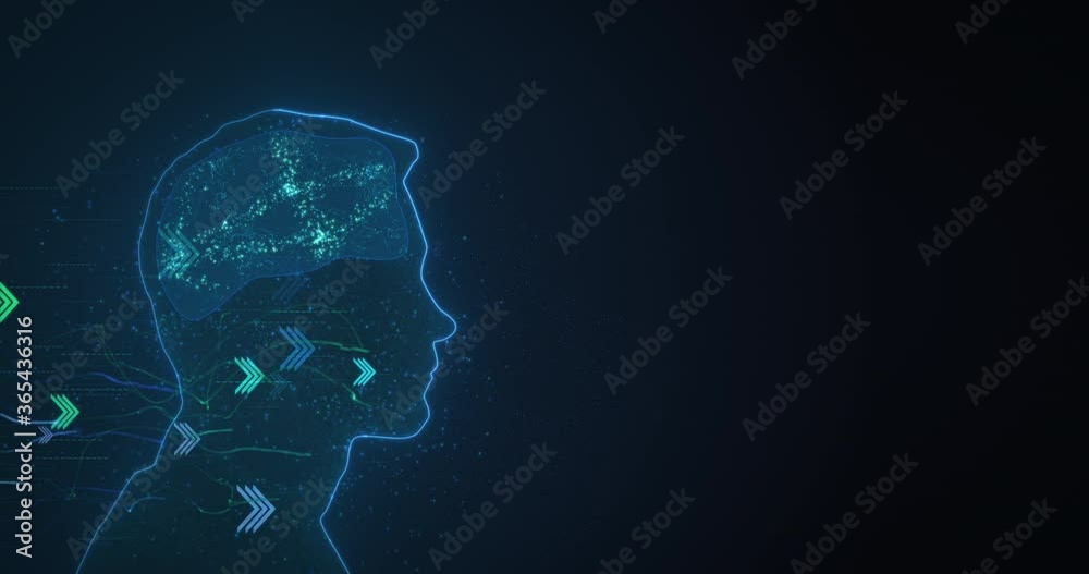 Sticker glowing profile of a person receiving digital data. streams of data travel to the brain, dark silhou