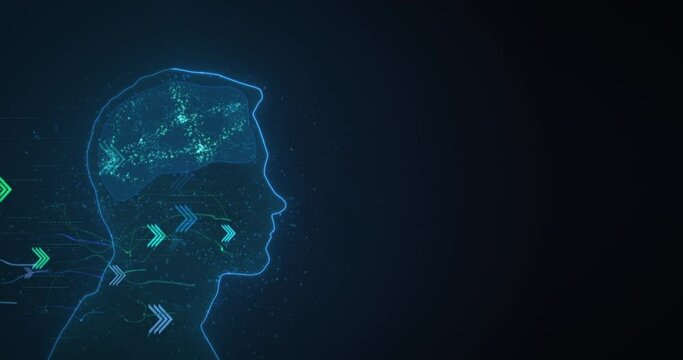 Glowing profile of a person receiving digital data. Streams of data travel to the brain, dark silhouette. Loopable animation background