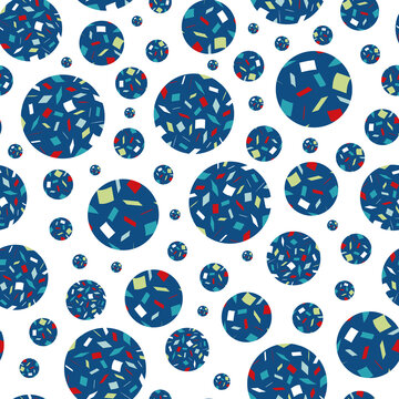 Vector terrazzo style circles scattered seamless vector pattern background. Abstract irregular fine mosaic shard spheres blue white, red backdrop. Bejwelled effect all over print for nautical concept