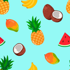 Vector pattern with tropical fruits-banana, coconut, mango, pineapple, watermelon. Tropical fruit on a blue background. Images for t-shirts, gifts, packaging, postcards, children's products.