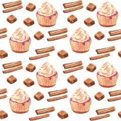 Sweet vanilla seamless pattern with mini cupcake, toffy and cinnamon sticks. Great for kitchen textile and wrapping paper. Joyful and cozy design. Watercolor hand drawn illustration. 