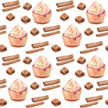 Sweet vanilla seamless pattern with mini cupcake, toffy and cinnamon sticks. Great for kitchen textile and wrapping paper. Joyful and cozy design. Watercolor hand drawn illustration. 